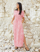 Load image into Gallery viewer, Women's Red Floral Ruched Waist Jersey Midi Dress with Pockets
