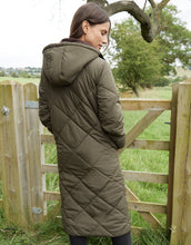 Load image into Gallery viewer, Women's Khaki Diamond Quilted Heritage Longline Barn Jacket with Removable Hood
