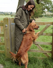 Load image into Gallery viewer, Women's Khaki Diamond Quilted Heritage Longline Barn Jacket with Removable Hood
