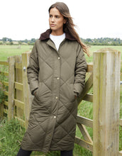 Load image into Gallery viewer, Women's Khaki Diamond Quilted Heritage Longline Barn Jacket with Removable Hood
